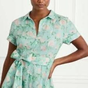 Hill House Dress Lauren Knee-Length Button Down Blue Roses Linen Size XS